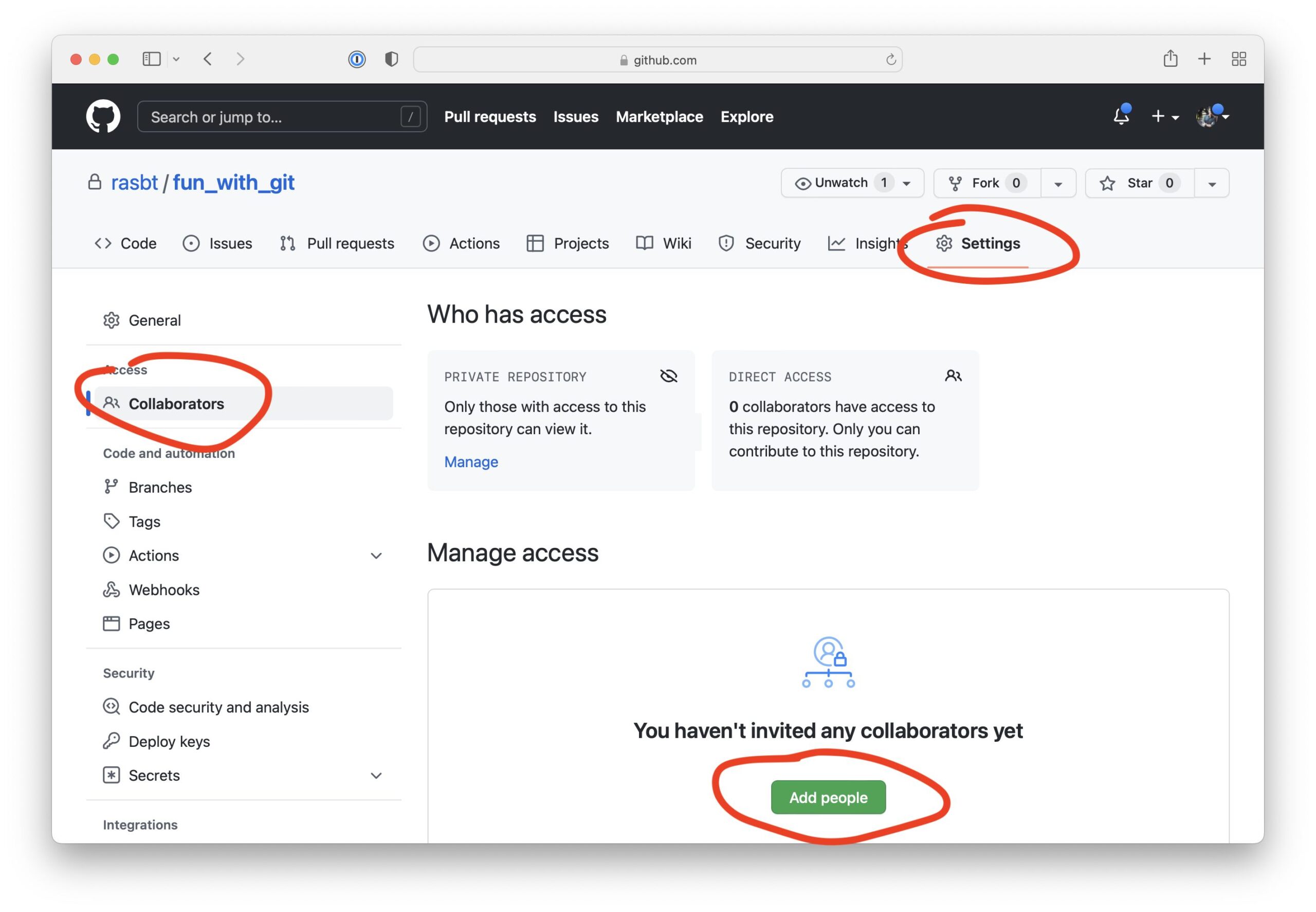 GitHub collaboration settings menu
